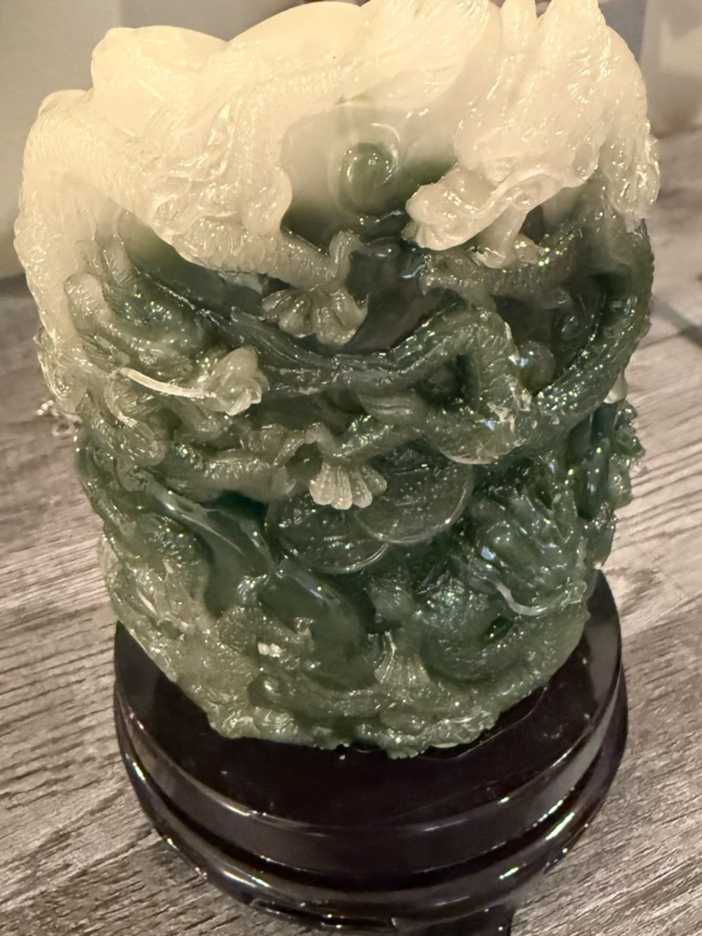 Chinese Dragon Brush Pot Bitong Green White Jade Style Carved Sculpture w Base